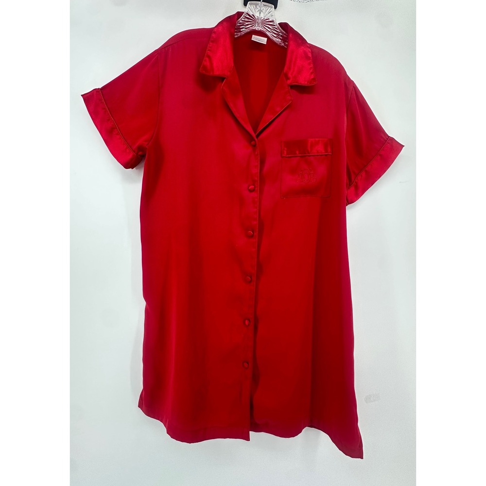 Cabernet Sleepwear Red Satin Nightshirt Button Down Sleep Dress Small